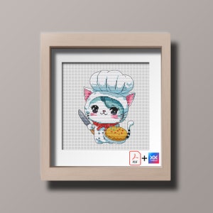 Cross stitch pattern Cute Cat Cook Knife Cake Pizza Kitchener Animal PDF Instant Download