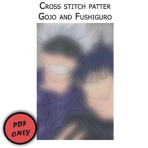May include: Cross stitch pattern PDF of Gojo and Fushiguro from the anime Jujutsu Kaisen. The image shows a close-up of the two characters smiling at each other.