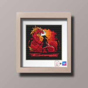 May include: Cross stitch pattern featuring a red dragon and a silhouette of a person in front of a sunset. The pattern includes the words "PDF + XX".