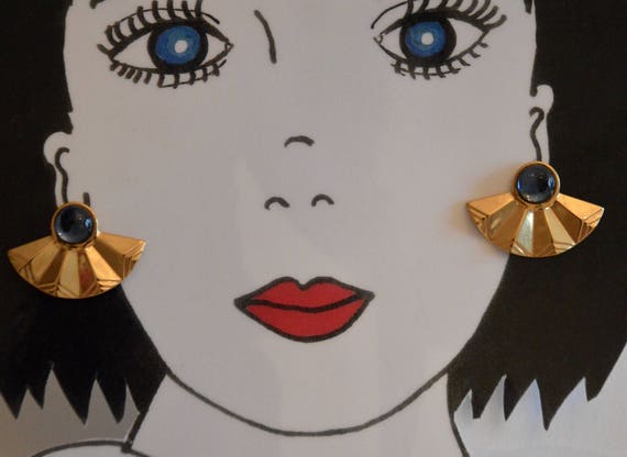 1990's vintage fan earrings with blue glass drop - image 1