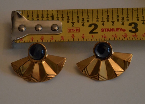 1990's vintage fan earrings with blue glass drop - image 2