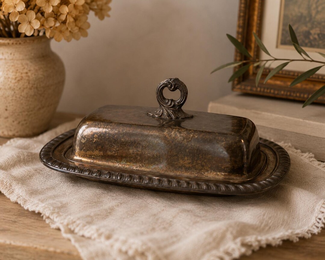 Silverplate Butter Dish with Lid, Tarnished Patina, Farmhouse Table Decor, Rustic Serving Dish, Antique Style Kitchen