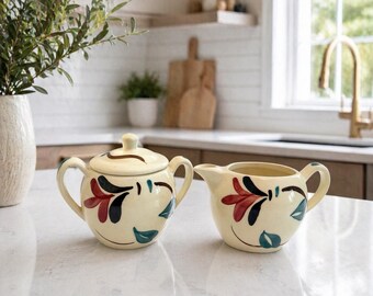 Vintage Creamer and Sugar Bowl Set | Hand Painted Floral Pottery | Mid Century Cream & Sugar | Collectible Ceramic Set