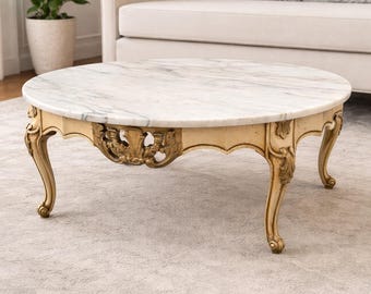 Vintage French Louis XV Style Round Coffee Table | White Marble Top | Painted & Gilt Wood | Mid Century