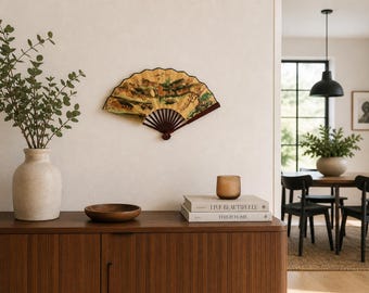 Asian Hand Painted Folding Fan Wall Decor Large Wooden Silk Fan