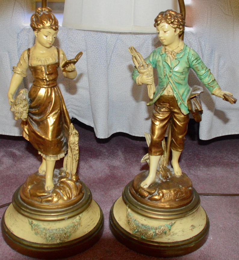 L-F-Moreau Pair of Vintage Art Nouveau Spelter Lamps J-B image 0