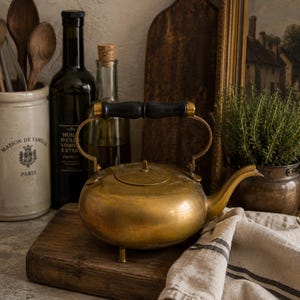 Brass Teapot Kettle Mid Century Footed Brass Pot Wood Handle Decorative
