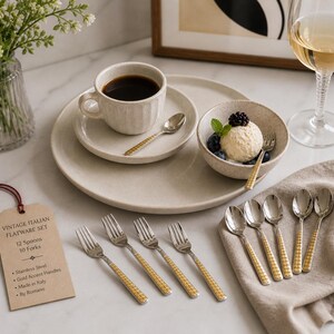 Italian Demitasse Flatware Set | 12 Spoons + 12 Forks | Gold Accent Handles | Romano Stainless | Mid Century Serving Set