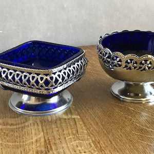 Vergoldete Schalen für Zucker, blaue Zuckerdose, kobaltblaue Glasschale