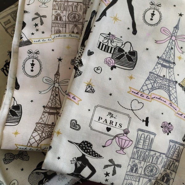 Tissus PARIS : Parisienne - Monuments, Parfum, Cadeaux, Bijoux (coupon 75x45 cm) - 100% coton