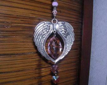 Pink Angel Wings Ornament, Pink Angel Wings Crystal Suncatcher, Pink Christmas Angel