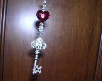 Key To My Heart Rear View Mirror Charm, Red Heart Car Mirror Charm, Silver Key Mirror Charm, Ruby Heart Charm, Valentines Day