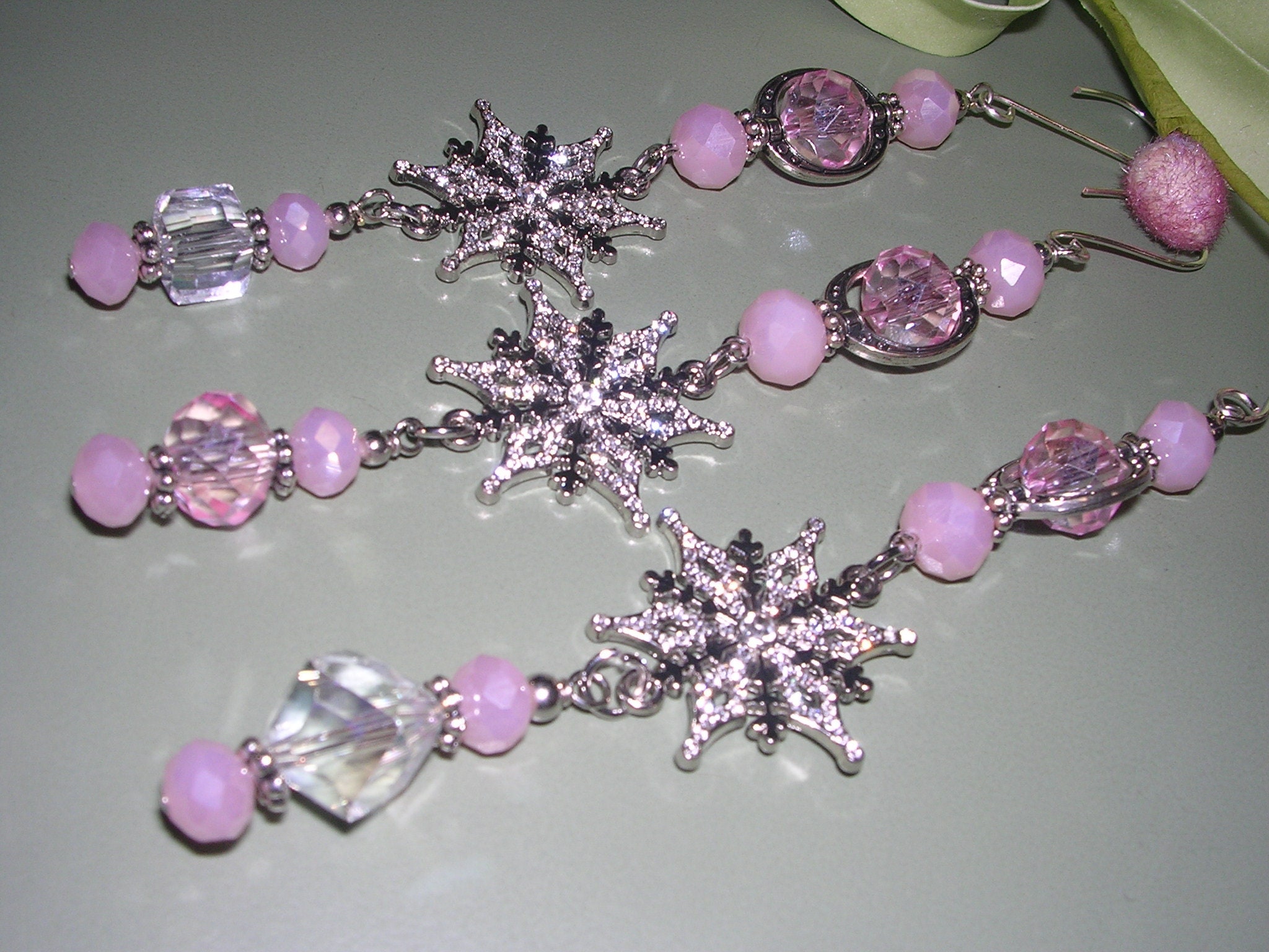 Set of 3 pink snowflake ornaments, pink crystal ornaments, pink Christmas ornaments