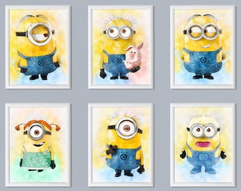 Set of 6 Minions print Despicable Me poster Watercolor effect Minions Bob Stuart Kevin print Printable download Nursery decor wall art