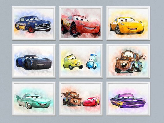 Cars print wall art poster Disney Cars birthday printable Disney Cars watercolor Lightning McQueen Boys Room nursery decor SET of 9 prints Il_570xn