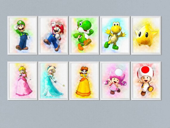 Set of 10 Super Mario prints, Nursery prints, Watercolor wall art, Birthday decoration, Baby shower gift, Download printable Il_570xn