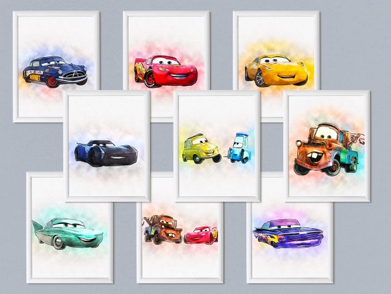 Set of 9 Disney Cars print poster Disney Cars birthday printable Disney Cars watercolor art Lightning McQueen Boys Room decor Vertical Il_570xn