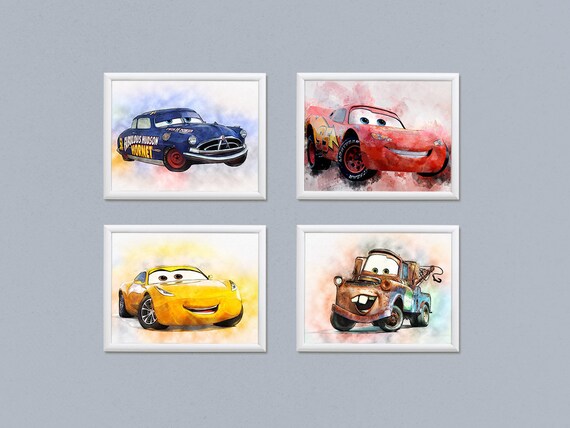 Set of 4 Disney Cars print poster Disney Cars birthday printable Disney Cars watercolor art Lightning McQueen Boys Room nursery decor Il_570xn
