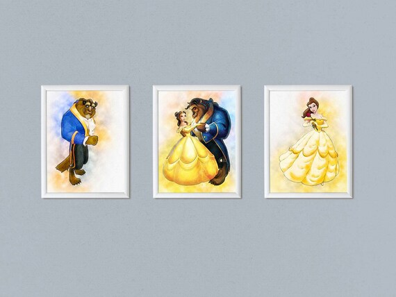Set of 3 Beauty and Beast print Bell print Beauty and Beast poster printable Watercolor effect Birthday decoration Nursery decor download Il_570xn