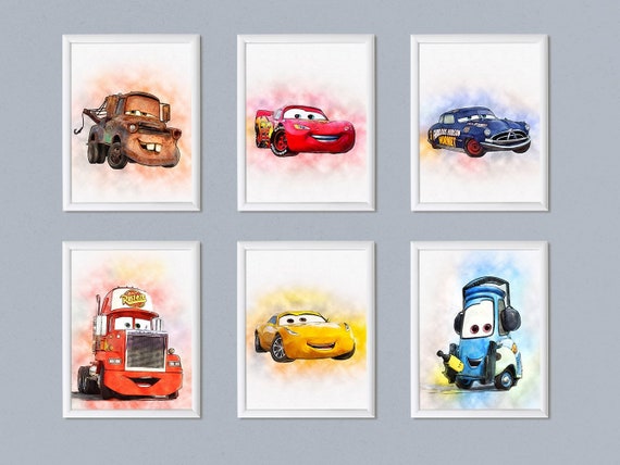 Set of 6 Disney Cars print poster Disney Cars birthday printable Disney Cars watercolor art Lightning McQueen Boys Room nursery decor Il_570xn