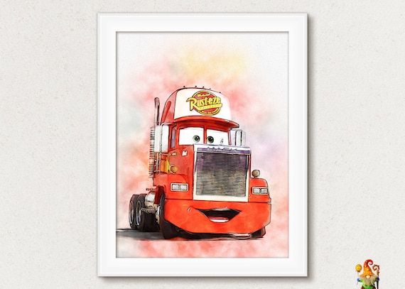 Disney Cars watercolor Print Disney Cars Poster printable art Disney Cars print Disney Cars Mack Printable birthday Disney Cars Boys room Il_570xn