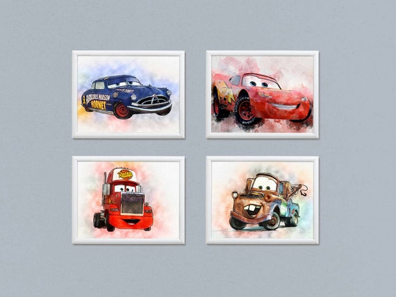 Set of 4 Disney Cars print poster Disney Cars birthday printable Disney Cars watercolor art Lightning McQueen Boys Room nursery decor Il_570xn