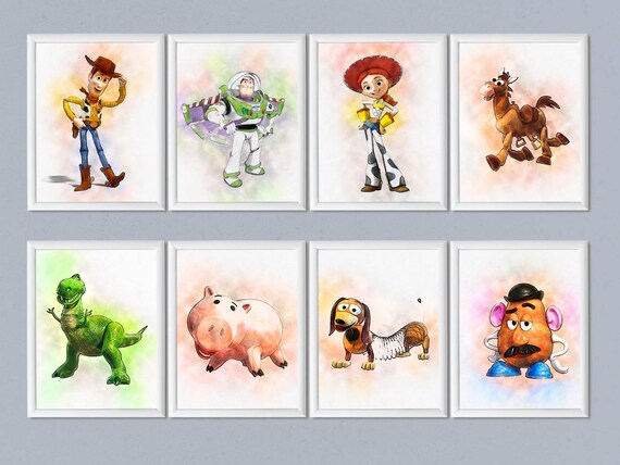 Set of 8 Woody Jessie Buzz Lightyear print Disney Toy Story poster print Watercolor effect Birthday decoration Nursery decor print download Il_570xn