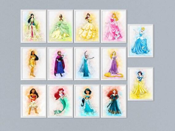 SET of 14 Disney Princesses print Princesses wall art birthday printable watercolor nursery decor Belle Cinderella Ariel Sleeping Beauty Il_570xn