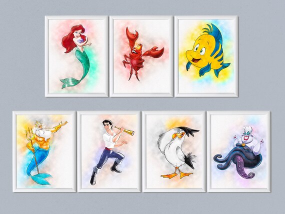 Set of 7 The Little Mermaid Ariel Flounder Sebastian Prince Eric Princess Ariel Ursula King Triton Scuttle Nursery Decor Printable Download Il_570xn