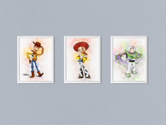 Set of 3 Woody Jessie Buzz Lightyear print Disney Toy Story poster print Watercolor effect Birthday decoration Nursery decor print download Il_570xn