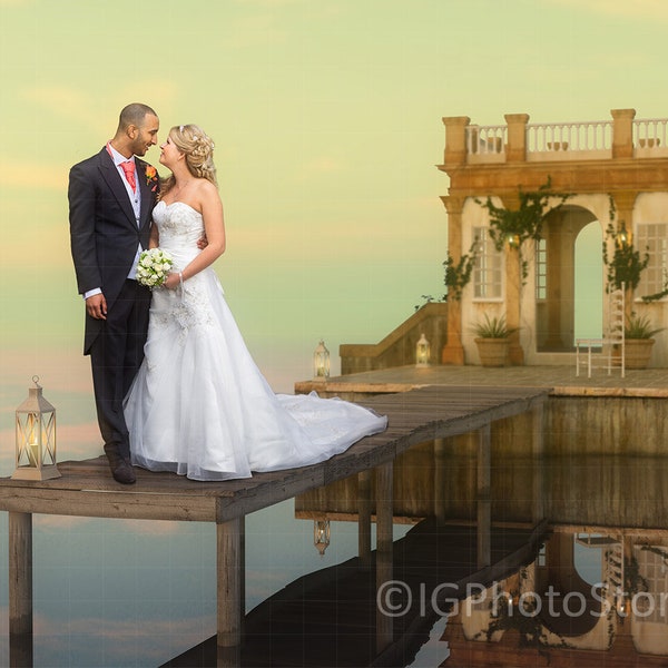 Romantic Lakeside Digital Backdrop, Portrait or Wedding Photography Background, Wooden Jetty on Lake, Spring, Summer Backdrop