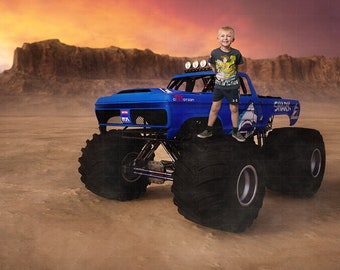 Monster Truck dans le désert en toile de fond numérique, arrière-plan numérique pour les portraits d’enfants, toile de fond de photographie senior, arrière-plan de portrait composite