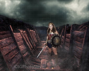 Superheld digitale achtergrond, oorlogszone loopgraaf, achtergrond voor cosplay portretfotografie, Halloween foto's, slagveld achtergrond