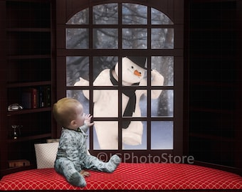 Watching Snowman Through a Window Digital Backdrop, Magical Winter Window Seat Background, Christmas Backdrop for Babies and Kids