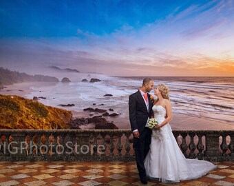Wedding Digital Backdrop, Portrait Background for Photographers, Romantic Sunset Balcony With Beach Background, Wedding Backdrop