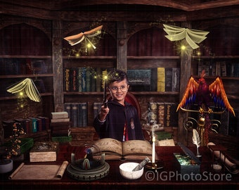 Wizard Office Digital Backdrop, Wizard Desk with Phoenix and Magic Bookcase Digital Background for Cosplay Composite Photos, Wizard's Study