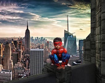 Arrière-plan numérique de super-héros, toile de fond de cosplay de super-héros, toit de New York, toile de fond de super-héros, arrière-plan de photographie composite