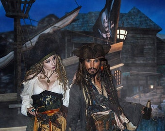 Fondo digital pirata, Fondo de barco pirata, Velas negras, Cosplay pirata caribeño, Fondo de foto compuesto, Fondo de fiesta pirata