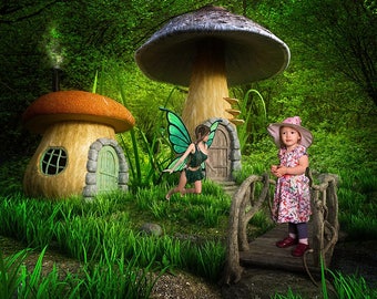 Fairy House Digital Backdrop, Fairy Background, Mushroom House, Digital Background, Fairies House, Fantasy Portrait Backdrop, Fairy Overlay