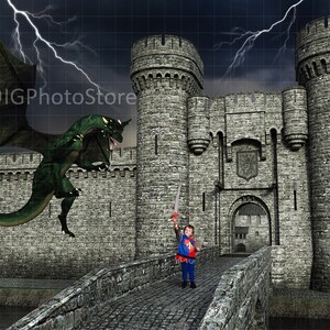 May include: A green dragon with wings flies towards a stone castle with a drawbridge. A young person in a blue and red costume stands on the drawbridge holding a sword.
