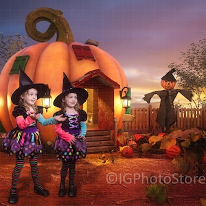 Halloween Digital Backdrop, Fall Digital Background, Pumpkin Backdrop, Halloween Background, Pumpkin House, Pumpkin Patch, Fall Backdrop