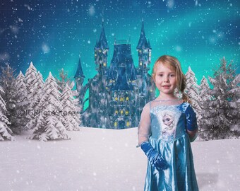 Ice Castle Digital Backdrop, Frozen Castle of Ice in a Winter Landscape with Snow Overlays, Digital Background for Composite Photography