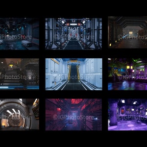 May include: Nine digital art images of futuristic interior scenes. Each image depicts a different sci-fi environment, including corridors, control rooms, and stairwells, with various lighting and color schemes. The images have the text "&copy;IGPhotoStore".