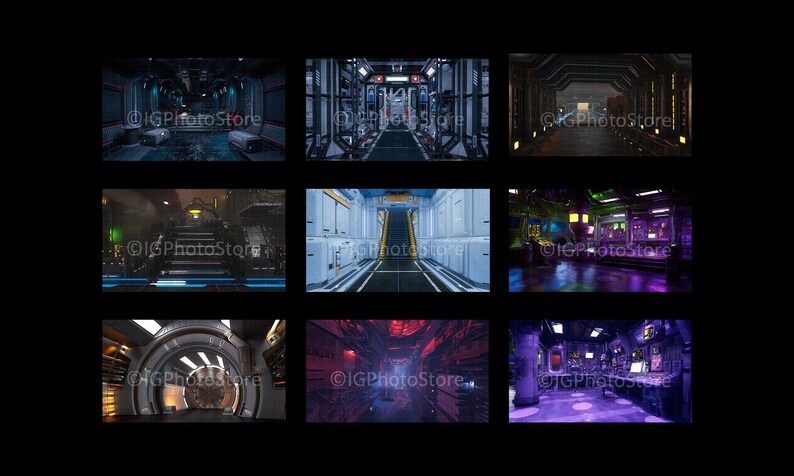 May include: Nine digital art images of futuristic interior scenes. Each image depicts a different sci-fi environment, including corridors, control rooms, and stairwells, with various lighting and color schemes. The images have the text "&copy;IGPhotoStore".