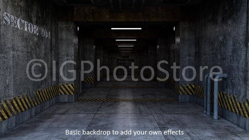 May include: A dark, industrial hallway with concrete walls and yellow and black striped warning tape. The hallway is lit by fluorescent lights and has a sign that reads "Sector 404".