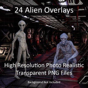 Alien Digital Overlays, 24 Photo Realistic Transparent PNG Aliens, Grey Aliens, Sci-Fi Clip Art, Halloween, Fantasy Creatures, Compositing