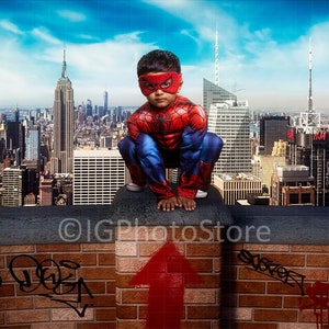 Superhero on a Wall Over New York City Digital Backdrop, Graffiti Wall Composite Portrait Background, Landscape and Portrait Backdrops