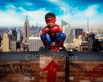 Superhero on a Wall Over New York City Digital Backdrop, Graffiti Wall Composite Portrait Background, Landscape and Portrait Backdrops