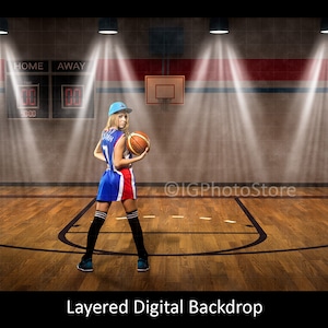 Layered Basketball Digital Backdrop, High School Basketball Court Digital Background, Sports Team Composite Portrait Backdrop