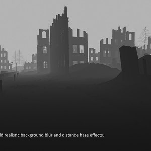 Peut inclure: Image en noir et blanc d'un paysage urbain post-apocalyptique. Des b&acirc;timents en silhouette, certains sans murs ni toits, se dressent sur un ciel brumeux. Des lampadaires bordent un chemin, ajoutant &agrave; l'atmosph&egrave;re d&eacute;sol&eacute;e. Le texte: Depth Map to add realistic background blur and distance haze effects.